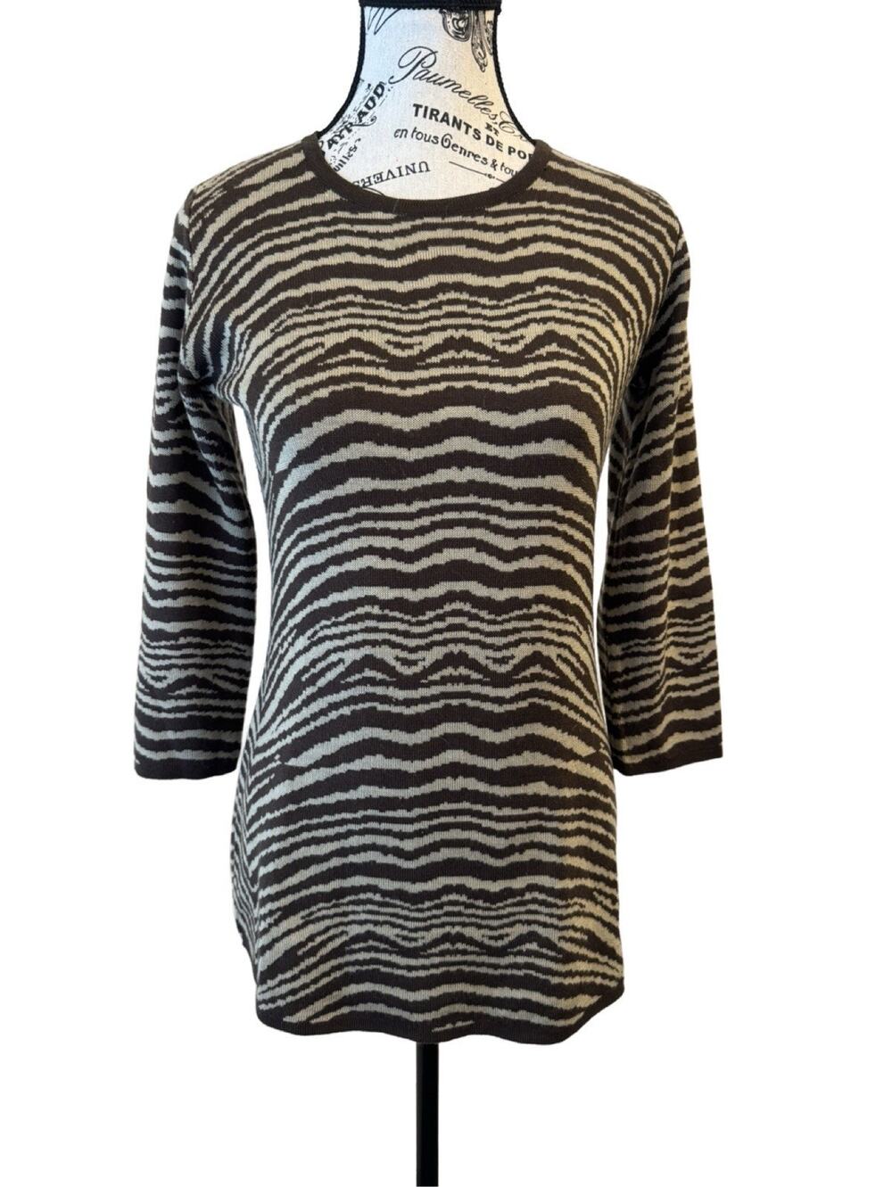 Kim Rogers Women’s Animal Print Sweater Tan/Brown Size Small 3/4 Sleeve